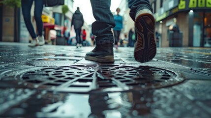 People stepping into a manhole on a city sidewalk warping to destinations modern cityscape teleportation concept - obrazy, fototapety, plakaty
