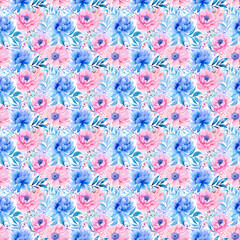 Artistic Blue and Pink Floral Watercolor. Seamless and Ideal for Decorative Purposes