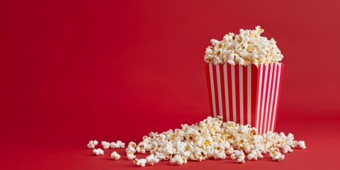 Flying popcorn in a striped red and white package on a red background with space for text. AI generative