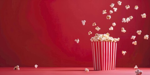 Flying popcorn in a striped red and white package on a red background with space for text. AI generative - Powered by Adobe