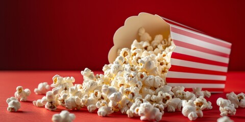 Flying popcorn in a striped red and white package on a red background with space for text. AI generative - 744990258