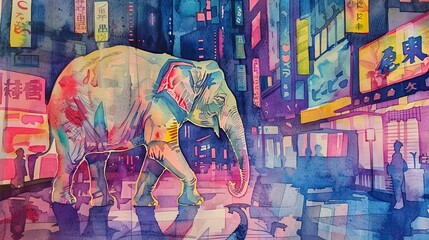 Fototapeta premium Watercolor painting of an elephant wandering in a cyberpunk city with skyscrapers and neon lit sushi bars
