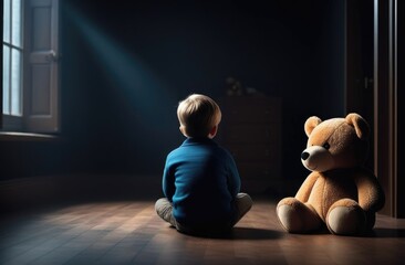 Lonely child with teddy bear in empty room turned to wall,depressed restless state of boy - obrazy, fototapety, plakaty