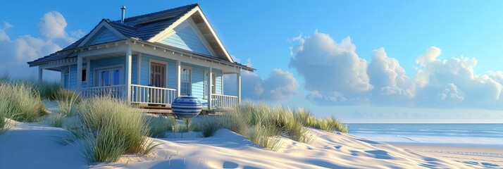 Beach house with blue sky in modern 3D animation style