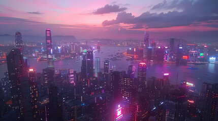 A cybernetic metropolis at twilight, where neon lights blend with advanced technology.