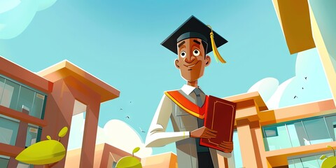 Graduating valedictorian student in cap and gown in modern 3D animation style