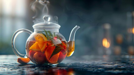 Homemade healthy hot fruit tea with fresh ripe orange, apple, mint leaves and twigs of thyme in glass teapot or kettle on grey kitchen background. - obrazy, fototapety, plakaty