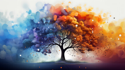 Painting of a tree with rainbow colored isolated illustration - obrazy, fototapety, plakaty