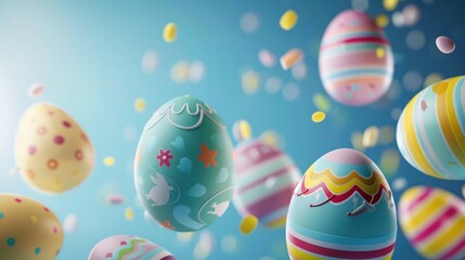 Colorful 3D Easter eggs formation on blue background with flying eggs and copy space.