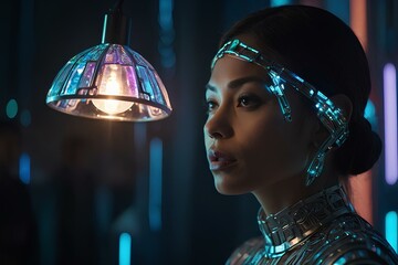 Futuristic Mystery: Woman Engages with Blue Holographic Interface in Sci-Fi Ambiance