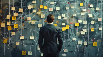 a man in business clothes standing with his back turned in front of a huge wall with sticky notes, cutouts and threads connecting the information. Detective investigative work in finance or business