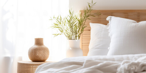 Tranquil Bedroom Detail with Woven Vase and Bamboo