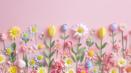 A group of paper flowers on a pink background