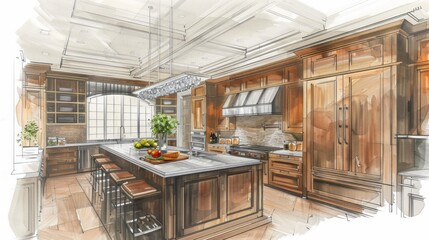 Beautiful Custom Kitchen Design Drawing and Brushed In Photo Combination