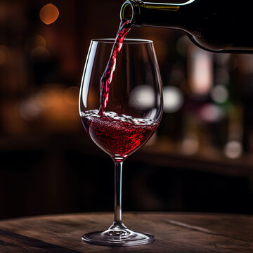 A dynamic image showing red wine being poured into a glass from a bottle. Assessing the quality of wine at a winery or drinking wine. Job ID: 8faae4e0-a4e5-4e04-ace1-3de2d3b43c20