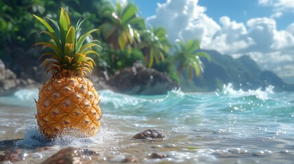A pineapple sitting on a beach next to the ocean