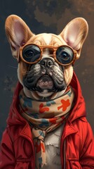 A dog wearing glasses and a scarf