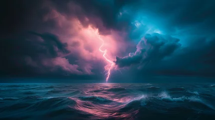 Foto op Canvas A sea with stormy clouds and strong lightning strikes the sea. © Gun