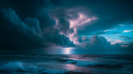A sea with stormy clouds and strong lightning strikes the sea. - obrazy, fototapety, plakaty