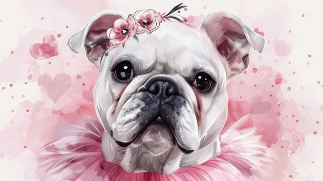 A painting of a dog wearing a pink dress