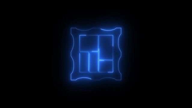 Neon glowing blue picture frame icon animation in black background