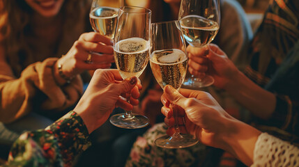 A group of friends having fun clinking glasses of champagne. - obrazy, fototapety, plakaty
