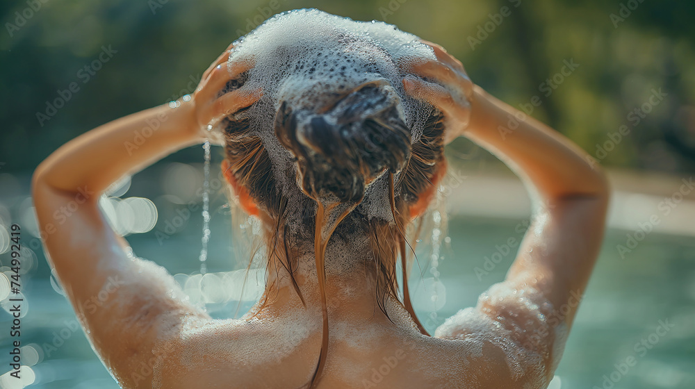 Wall mural a young woman washing her hair has foam flowing from the top. hair and scalp care