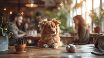 Restaurants or coffee shops that allow pets Come and sit at the table with the pet-friendly owner. - obrazy, fototapety, plakaty