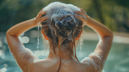 A young woman washing her hair has foam flowing from the top. Hair and scalp care - obrazy, fototapety, plakaty