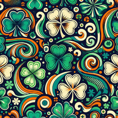Fototapeta premium Retro multicoloured lucky four leaf shamrock clover St Patrick traditional symbol vector seamless pattern. Groovy Saint Patricks Day background