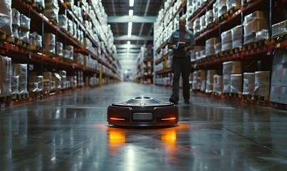 Wandaufkleber Robots and workers collaborating in a warehouse distribution center showcase the future of logistics © Brian Carter