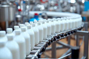 Factory line for processing and bottling of milk. Selective focus.