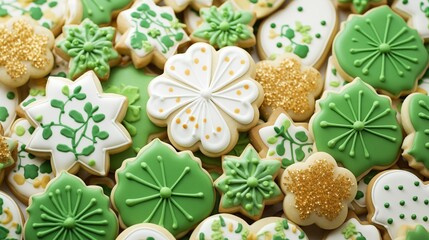 Treat yourself to festive delights adorned with shamrock-shaped cookies, perfect for celebrating St. Patrick's Day and spreading joy.
 - obrazy, fototapety, plakaty