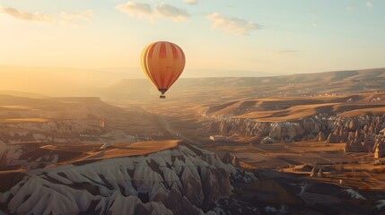 Serene hot air balloon flight over breathtaking landscapes at sunrise. peaceful, tranquil adventure in the sky. perfect for travel and tourism. AI