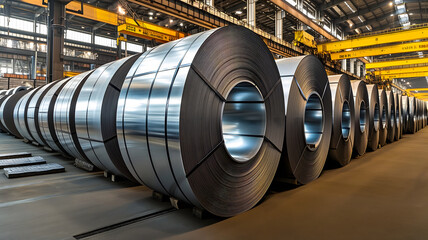 Packed rolls of steel sheet, Cold rolled steel coils in a warehouse