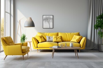 modern living room with yellow sofa and lamp