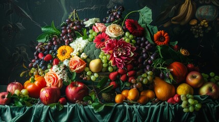 Artfully arranged fruits and vegetables close-up, a feast of colors on a dark, elegant background