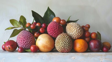 Artistic close-up of exotic fruits, lychee, longan, and feijoa, arranged on a minimalist white surface