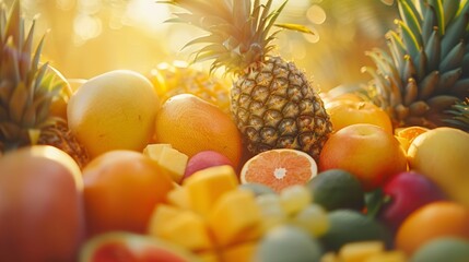 Close-up of exotic tropical fruit feast, vibrant mangoes, pineapples, papayas under golden sunlight