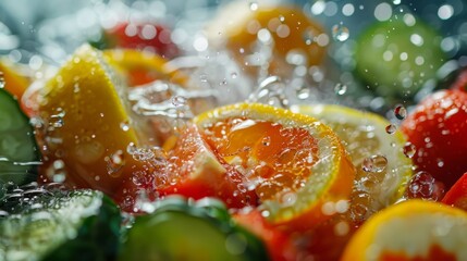 Close-up of freshly washed fruits and vegetables, water droplets adding freshness, on a bright background 