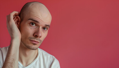 Fototapeta premium portrait of a man holding his bald head, alopecia