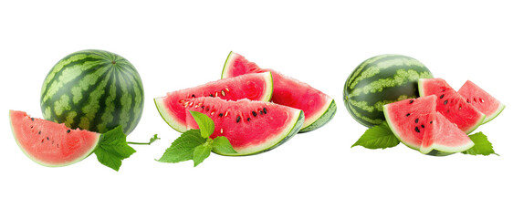 watermelon slices and leaves on transparent background