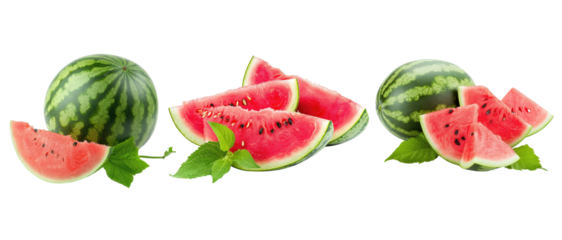 watermelon slices and leaves on transparent background