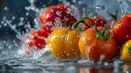 Close-up of tomatoes and peppers in a splash of water, dynamic and refreshing, capturing the essence of freshness  - obrazy, fototapety, plakaty