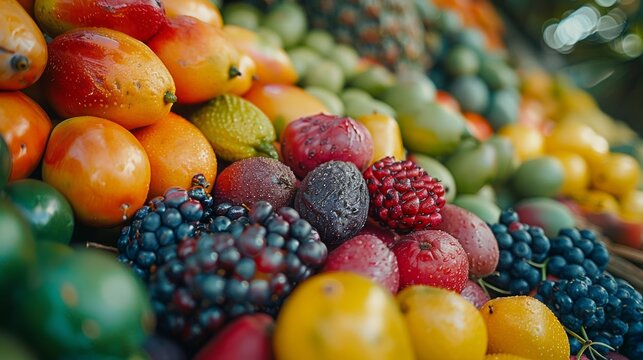 Close-up of tropical fruit bounty, colorful array of exotic fruits, ready for a gourmet feast