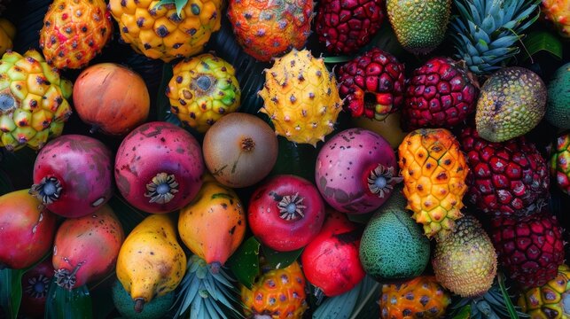 Close-up of tropical fruit bounty, colorful array of exotic fruits, ready for a gourmet feast