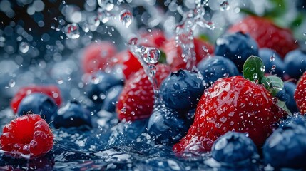 Fresh berries in a splash of water, dynamic close-up, strawberries, blueberries, and raspberries...