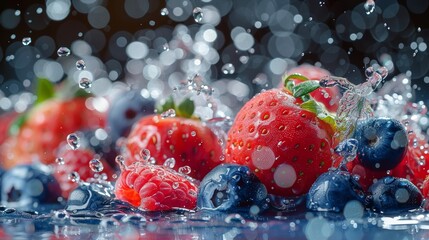 Fresh berries in a splash of water, dynamic close-up, strawberries, blueberries, and raspberries airborne  - obrazy, fototapety, plakaty
