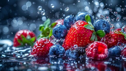 Fresh berries in a splash of water, dynamic close-up, strawberries, blueberries, and raspberries...