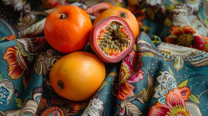 Fresh exotic fruits on a vibrant textile, close-up of tamarind, persimmon, and passion fruit,...
